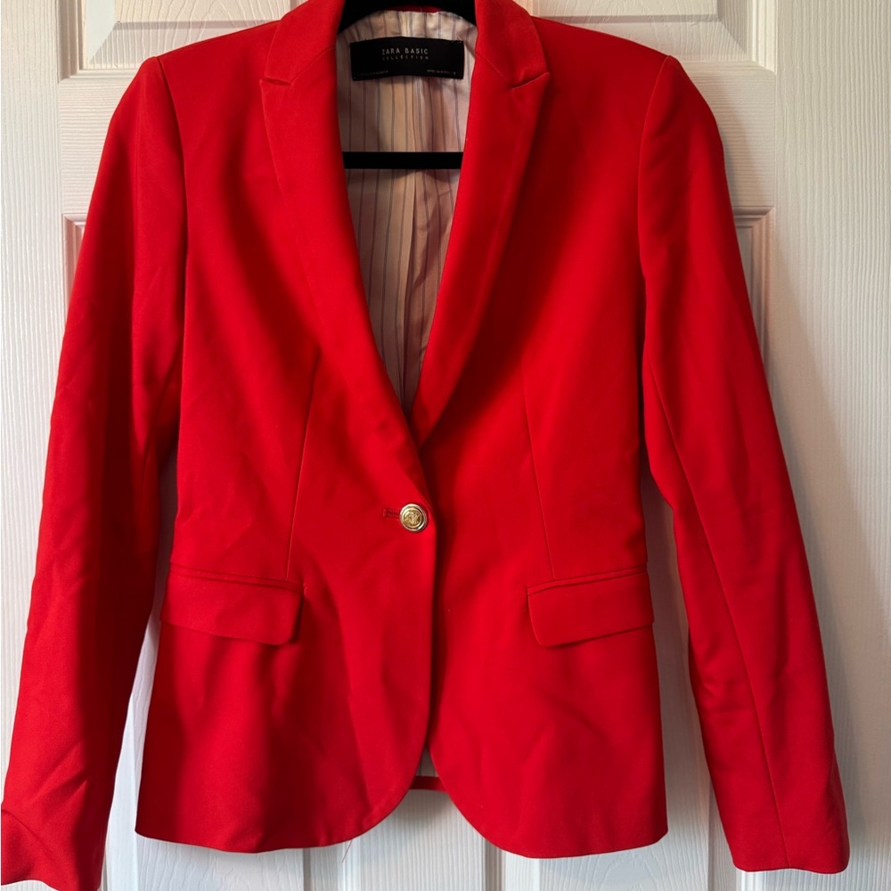 Zara Red Tailored Blazer with Lapel Collar